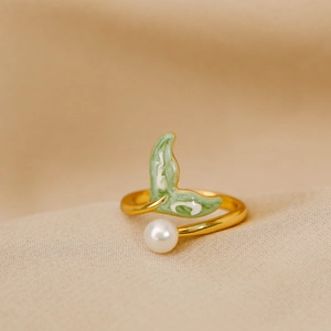 Golden mermaid tail ring with green enamel, freshwater pearl and adjustable open band