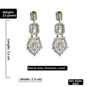 Detailed view of luxury geometric rhinestone drop earrings with 925 silver needles