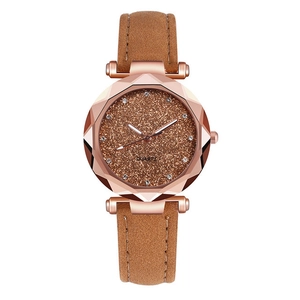 Elegant starry sky women's watch with rose gold case and brown frosted leather strap