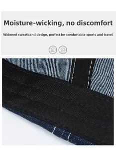 Detail of the widened sweatband inside the washed denim cap for moisture wicking