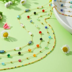 Stainless Steel Necklace With Colorful Natural Stone Beads Bohemian Dopamine Clavicle Chain For Women Daily Wear