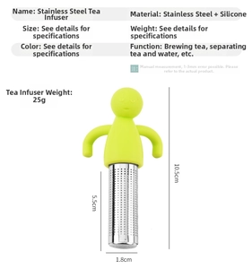 Detail view of the green silicone tea infuser with size labels and weight info