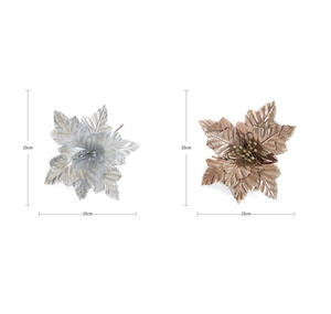 Detail of 15cm Christmas artificial glitter flowers in silver and bronze finishes