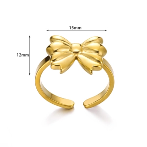 Gold bow-knot open ring in tarnish-resistant titanium steel with adjustable band design