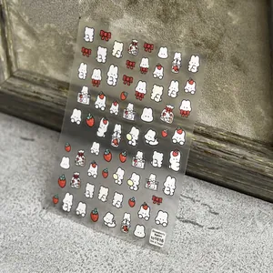 5D Japanese nail art stickers with cute strawberry rabbit and bow designs on PET film