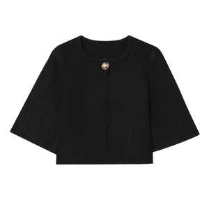 Women Knit Cardigan Shrug Short Half Sleeve Round Neck Solid Black Gold Button Elegant Cape Jacket Streetwear
