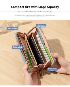 Detailed view of the multi-slot interior of a blue long leather wallet with phone pocket