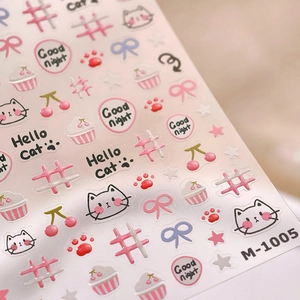 Autocollants ongles chat mignon avec nœuds roses et cœurs pour décoration de manucure