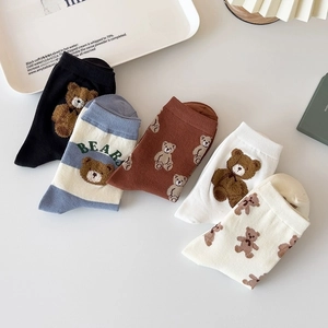 Cute bear pattern knitted socks in multiple colors with elastic ribbed cuffs