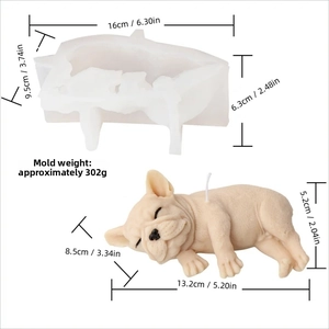 Detailed view of the sleeping French Bulldog candle mold with dimensions and weight info