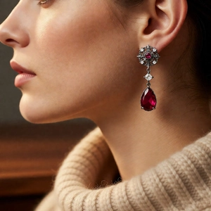 Detail of vintage flower earrings featuring a red teardrop zircon and silver needle