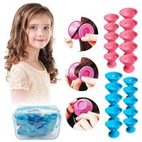 Macro shot of 20 silicone hair curlers in pink and blue with a step-by-step usage guide