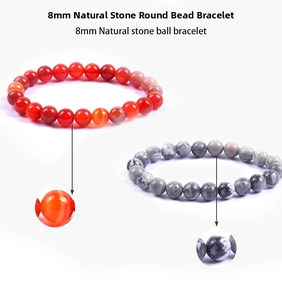 Detailed macro view of 8mm natural stone beads showing red agate and grey marble texture