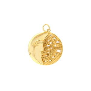 Gold-plated sun and moon face pendant with sparkling baguette zirconia stones