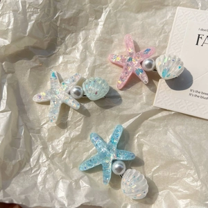 Starfish and pearl hair clip set in pink white and blue with shimmering sea shell accents