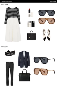 Vintage Pilotensonnenbrille im Flat-Lay-Stil mit kompletten Mode-Outfits für Damen und Herren
