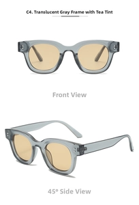 Detail view of retro oval sunglasses featuring transparent grey frames and tea lenses
