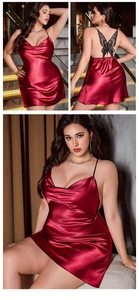 Close-up of deep red satin nightgown featuring intricate black butterfly lace back detail