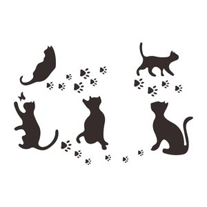 Dark brown cat silhouettes and paw print wall decals for bedroom and home decoration