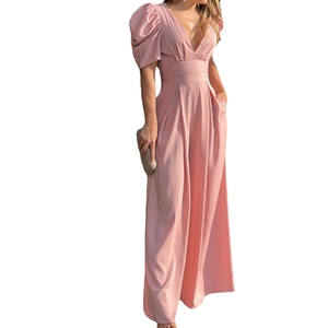 Elegant pink V-neck short sleeve wide leg jumpsuit for women in a chic minimalist style