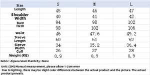 Detailed size guide for women's tassel jacket showing measurements in centimeters and KG