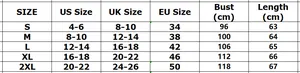 Size chart for women's V-neck blouse showing measurements from S to 2XL with US and EU sizes