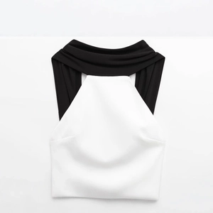 Chic black and white colorblock halter neck mini dress with layered scarf collar design