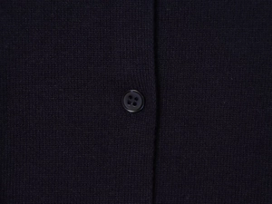 Close-up of fine knit fabric texture and color-matching button on a navy polo shirt