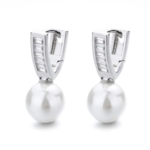 Geometric silver earrings with rectangular zircons and hanging white round pearls