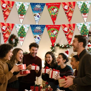 Close-up of Merry Christmas triangle banners with festive patterns in a warm party scene