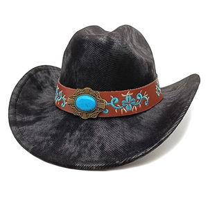 Classic black corduroy western cowboy hat with turquoise stone and floral embroidery
