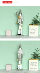 Detail of 40cm silver nutcracker soldier with glitter finish and faux fur trim