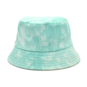 Detailed texture of mint green and white tie-dye cotton fabric on a bucket hat surface