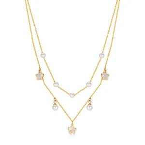 Double Layer Stainless Steel Necklace With Flower Pendant And Artificial Pearls Elegant Fashion Clavicle Chain Jewelry For Women