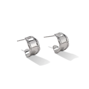 Minimalist silver S925 C-shaped earrings with woven texture and irregular wide edges