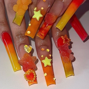 Press On Nails Extra Long Coffin Gradient Red Orange Yellow 3D Bear Star Heart Charms Handmade Style For Women Girls