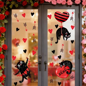 Valentines Day Wall Stickers PVC Black Cat Heart XOXO Pattern Window Clings For Bedroom Living Room Romantic Home Decor