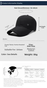 Size chart for black cotton baseball cap showing 10cm brim and 56-60cm circumference guide