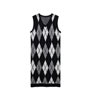 Argyle Knitted Vest Dress V Neck Sleeveless Casual Fashion Loose Waist Midi For Women