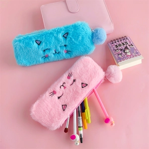 Cute plush cat pencil case in pink and blue colors with embroidered kitten faces