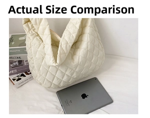 Quilted cream hobo bag shown next to an iPad for a size comparison overview
