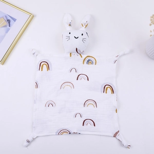 Soft cotton baby security blanket with rainbow print and cute rabbit head design