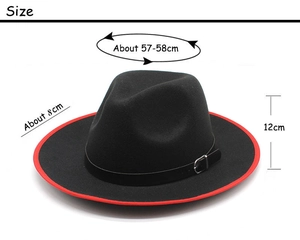 Detail view of black fedora with red trim and dimensions 57-58cm head size