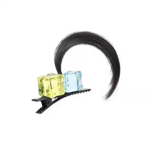 Cosplay hair clip with blue and yellow ice cube blocks and black hair strand accent