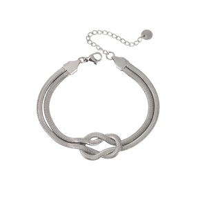 Collier double chaîne serpent en acier inoxydable argenté avec un nœud d'amour central chic