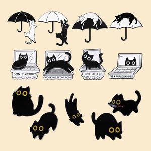 Cartoon black cat enamel pins set featuring funny tech support and umbrella designs