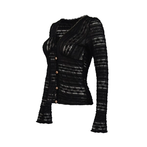 Detailed close-up of intricate sheer lace texture and button closure on black cardigan