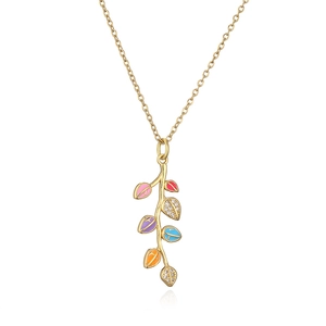 Elegant gold plated leaf pendant necklace with colorful enamel and sparkling zircon accents