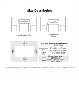 Size guide for Christmas tablecloths showing drop length suggestions for various tables