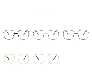 Five square frame glasses in black, bronze, gunmetal, gold, and silver finishes